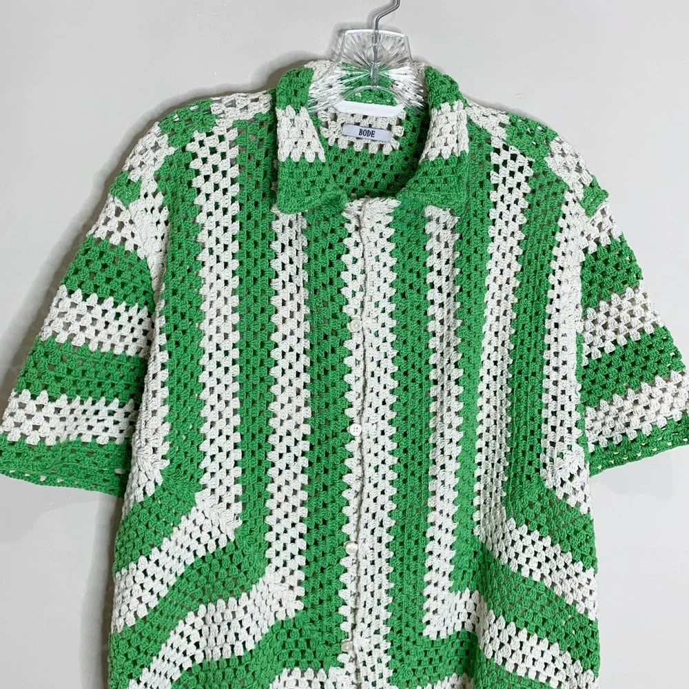 Bode Crochet Shirt (Sz S/M) Flagship Short Sleeve Button Up Striped Green Cream